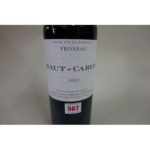 567 - A 150cl bottle of Chateau Haut Carles, 2003, Fronsac. (1)