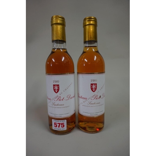 575 - Two 37.5cl bottles of Chateau Piot David, 1989, Sauternes. (2)