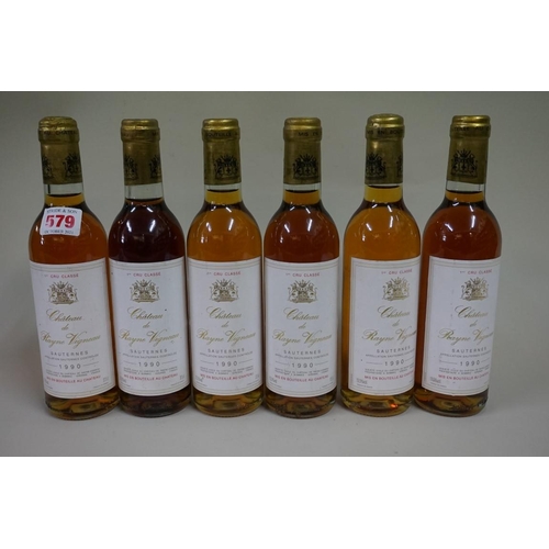 579 - Six 37.5cl bottles of Chateau de Rayne Vigneau, 1er Cru Sauternes, 1990. (6)