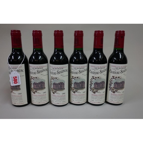 580 - Six 37.5cl bottles of Chateau Segonzac Cuvee Vielles Vignes, 1995, Cotes de Blaye. (6)... 