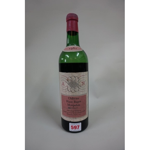 597 - A bottle of Chateau Haut Bages Monpelou, 1961, (London bottled Army & Navy Stores).&nb... 