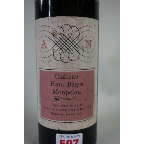 597 - A bottle of Chateau Haut Bages Monpelou, 1961, (London bottled Army & Navy Stores).&nb... 