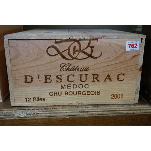 762 - A case of twelve 75cl bottles of Chateau d'Escurac, 2001, Cru Bourgeois Medoc, in owc. (12)PLEASE NO... 