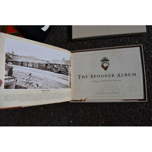 1086 - Railwayana: a 'Spooner Album'; together with two reproduction railway signs and a holographic train ... 