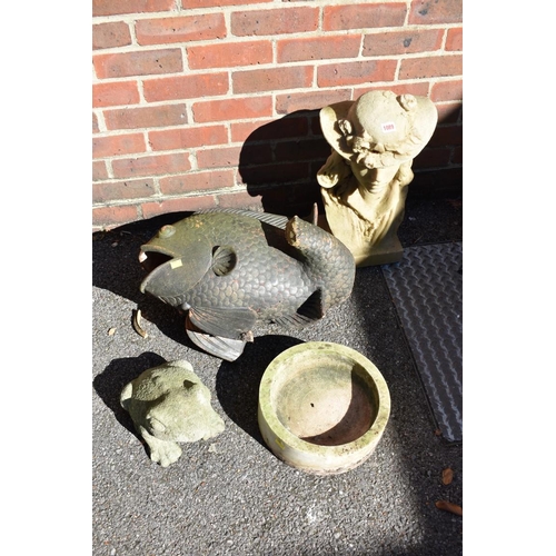 1089 - A resin bust of lady; together with a terracotta fish, marble bird bath and a stone frog.... 