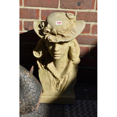 1089 - A resin bust of lady; together with a terracotta fish, marble bird bath and a stone frog.... 