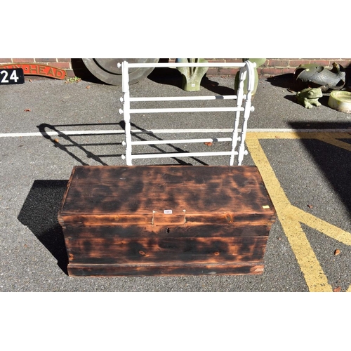 1091 - An old wooden trunk; together with a white painted towel rail.