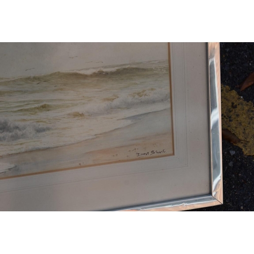 1093 - (LC) A watercolour of beach scene, signed Stuart; together with two fretwork wall mirrors and other ... 