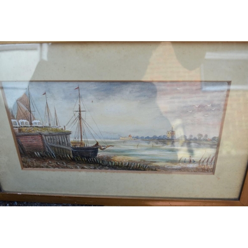 1093 - (LC) A watercolour of beach scene, signed Stuart; together with two fretwork wall mirrors and other ... 
