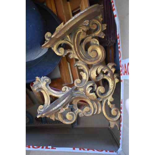 1094 - (LC) A wood and gilt hanging wall shelf; together with a bowler hat, giltwood wall bracket and a qua... 