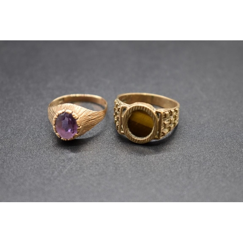 122 - A 9ct gold amethyst ring, size S 1/2; together with a 9ct gold tigers eye ring, size T 1/2, gross we... 