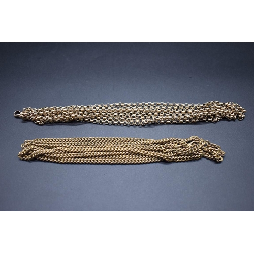 190 - A Victorian yellow metal belcher longuard or muff chain, 176cm, 42g; and another gilt example. (2)... 