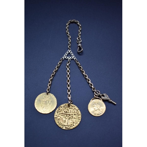 198 - A yellow metal and coin mounted fob chain, with attached George III 1787 gold guinea, Victoria 1887 ... 