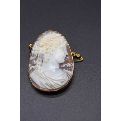 199 - A good 19th century Italian carved shell cameo brooch, in a yellow metal frame, 4.6cm, (s.d.).... 