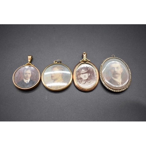 203 - Two portrait pendants having yellow metal frames, stamped 9ct; together with another engine turned y... 