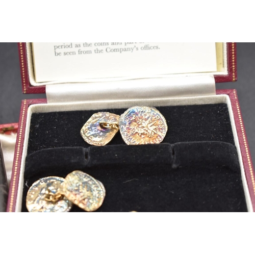 230 - A cased pair of novelty Romano-British coin cufflinks; together with a pair of earrings; and two oth... 