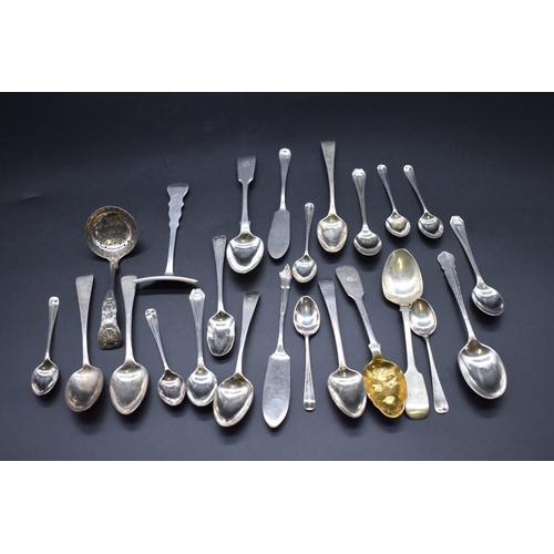 498U - A set of six silver Hanoverian pattern coffee spoons; together with a quantity of Georgian and later... 