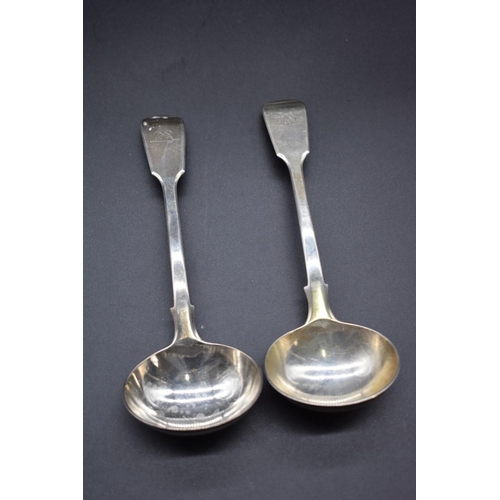 498W - A pair of Victorian silver fiddle pattern sauce ladles, by Chawner & Co, London 1858, 154g. (2)... 