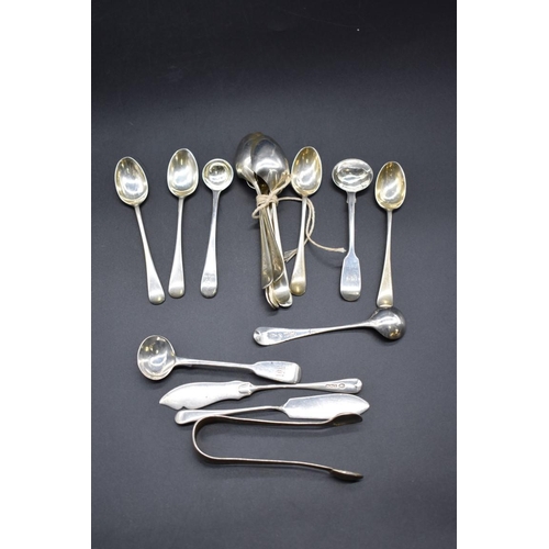 498Y - A small quantity of silver cutlery; to include a set of six teaspoons; two preserve knives; mustard ... 