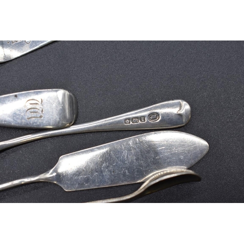 498Y - A small quantity of silver cutlery; to include a set of six teaspoons; two preserve knives; mustard ... 