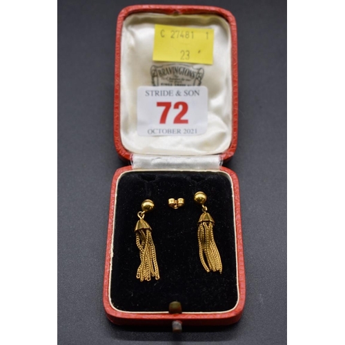 72 - A pair of yellow metal tassel earrings, stamped 9ct, 3cm, 2.7g.