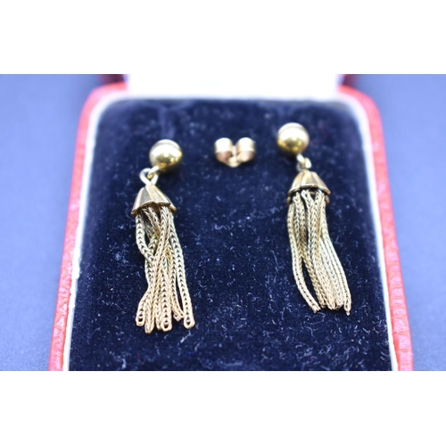 72 - A pair of yellow metal tassel earrings, stamped 9ct, 3cm, 2.7g.