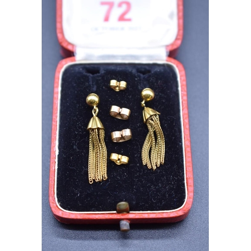 72 - A pair of yellow metal tassel earrings, stamped 9ct, 3cm, 2.7g.