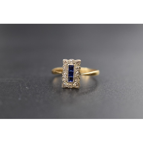 77 - An Art Deco yellow metal blue and white sapphire ring, stamped 18ct and plat, size R.... 