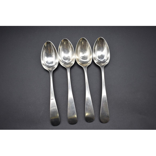 83 - A set of three silver Old English pattern tablespoons, unidentified maker, 147g; together with anoth... 