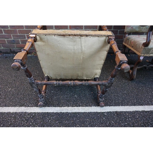 1453 - A Charles II walnut open armchair, with Aubusson style tapestry fabric.