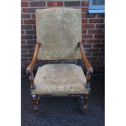 1453 - A Charles II walnut open armchair, with Aubusson style tapestry fabric.