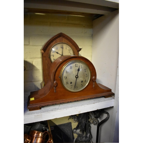 1215 - A 1930s mahogany Wellington clock, 43cm wide; together with another early 20th century mantel c... 