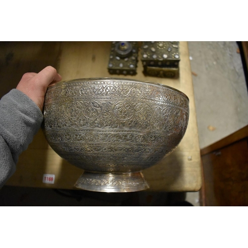 1219 - An Eastern silver plated punch bowl and similar ladle; together with three metal trinket boxes; and ... 