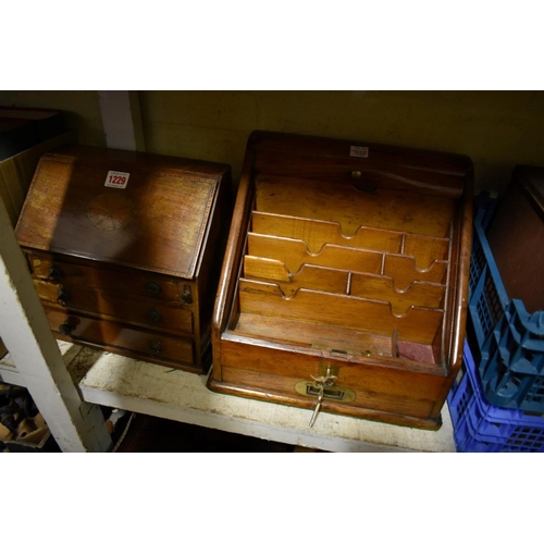 1229 - A miniature mahogany and inlaid bureau, 26.5cm wide; together with another early 20th century oak ta... 