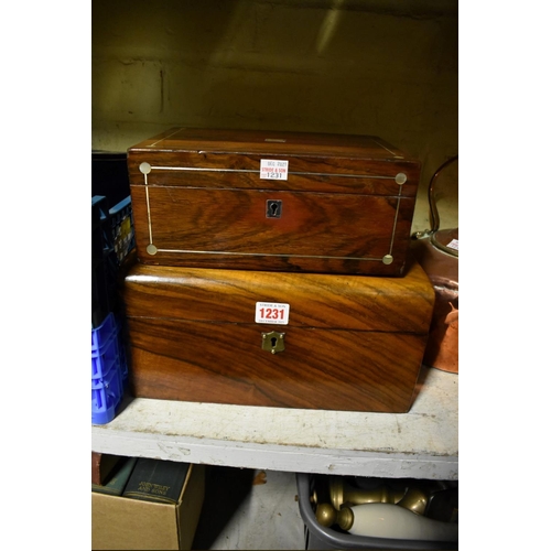 1231 - A Victorian walnut work box, 30cm diameter; and another similar rosewood example, 25.5cm wide. ... 