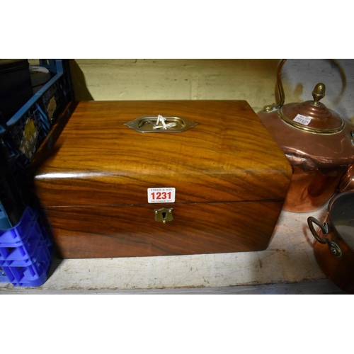 1231 - A Victorian walnut work box, 30cm diameter; and another similar rosewood example, 25.5cm wide. ... 