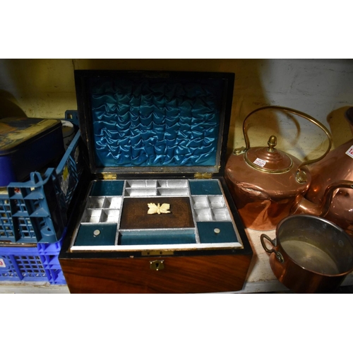 1231 - A Victorian walnut work box, 30cm diameter; and another similar rosewood example, 25.5cm wide. ... 