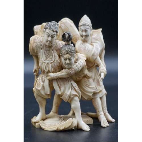 1299 - A good Japanese carved ivory okimono figure group, Meiji, depicting three Samurai warriors, signed, ... 