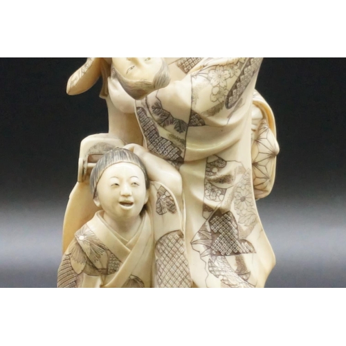 1302 - A good and large Japanese carved ivory okimono figure group, Meiji, depicting a mother and two child... 