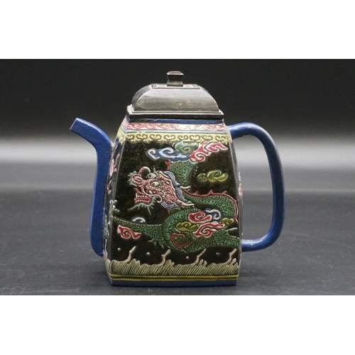 1310 - A Chinese enamelled yixing teapot, 18th/19th century, seal mark to base, painted with dragons, with ... 