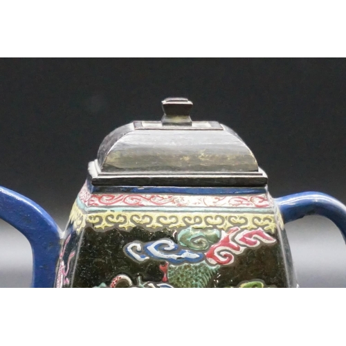 1310 - A Chinese enamelled yixing teapot, 18th/19th century, seal mark to base, painted with dragons, with ... 