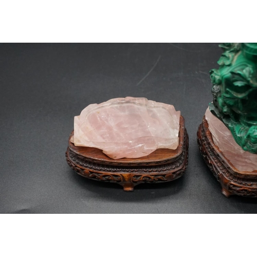 1316 - A pair of Chinese carved malachite and rose quartz vases and covers, 19th century, on carved an... 