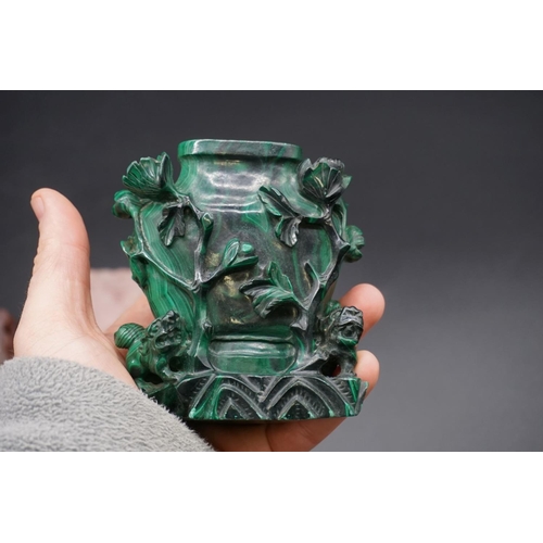 1316 - A pair of Chinese carved malachite and rose quartz vases and covers, 19th century, on carved an... 