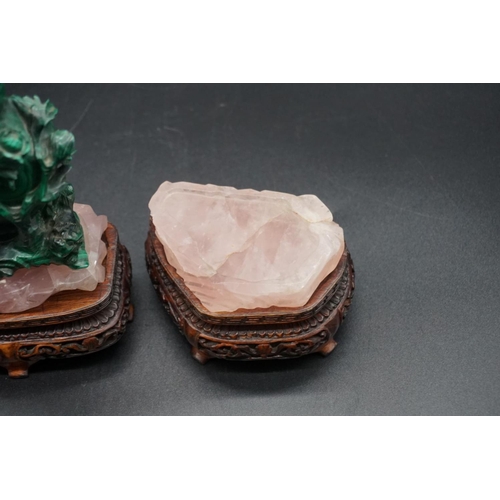 1316 - A pair of Chinese carved malachite and rose quartz vases and covers, 19th century, on carved an... 