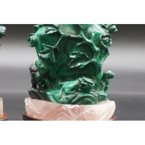 1316 - A pair of Chinese carved malachite and rose quartz vases and covers, 19th century, on carved an... 