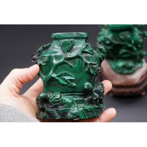 1316 - A pair of Chinese carved malachite and rose quartz vases and covers, 19th century, on carved an... 