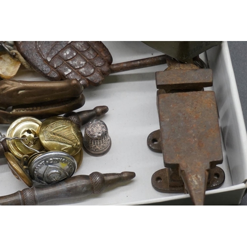 1319 - A mixed lot, to include: fossils; a novelty gauntlet bottle opener; and a miniature anvil. ... 