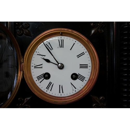 1330 - A late 19th century ebonized mantel clock, with enamel dial and bell strike, 29.5cm high, with pendu... 