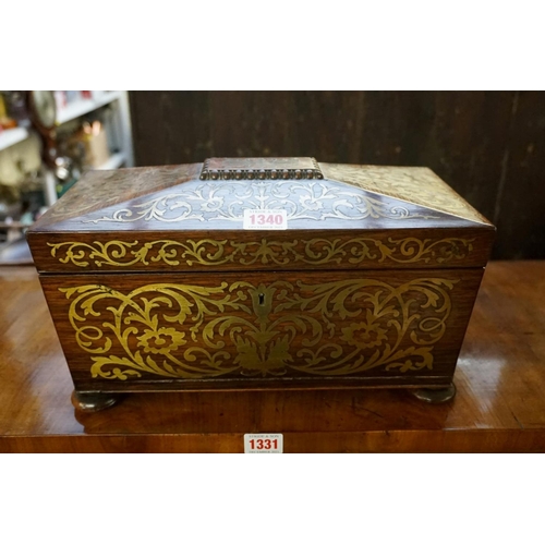 1340 - An early 19th century rosewood and brass inlaid sarcophagus tea caddy, 33cm wide, (s.d.).... 