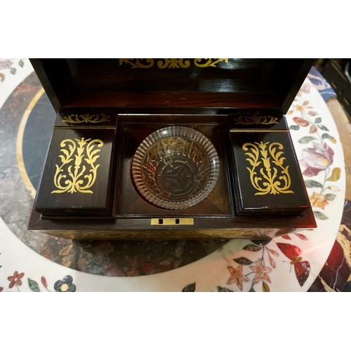 1340 - An early 19th century rosewood and brass inlaid sarcophagus tea caddy, 33cm wide, (s.d.).... 